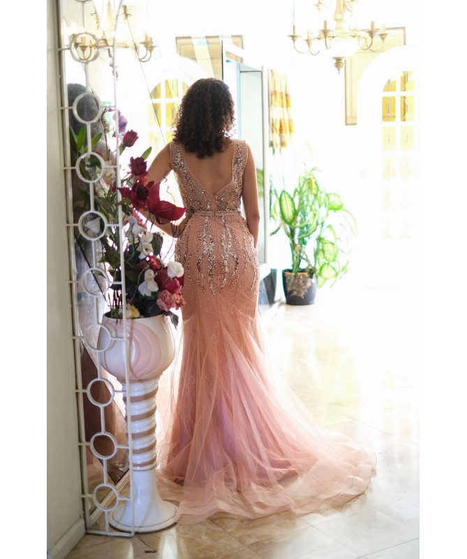 Robe de Soirée Élégante Sirène Rose avec Sequins | Teka Mode