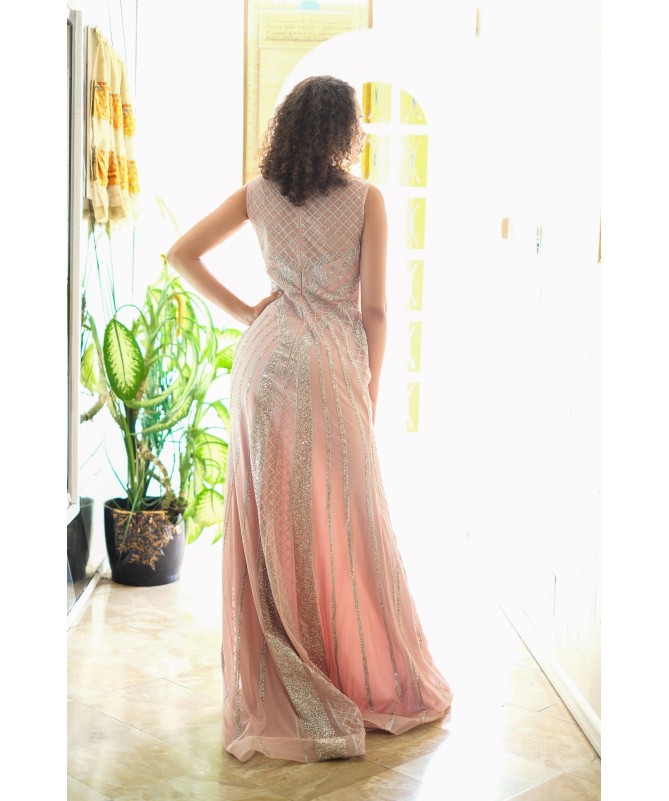 Robe Longue Rose Poudré à Perles pour Soirée | Teka Mode