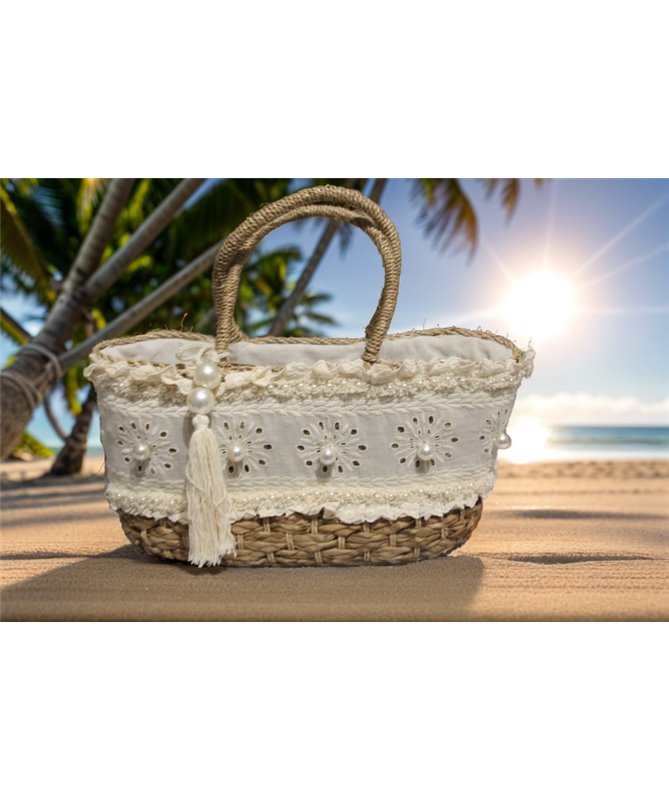 Sac de Plage en Osier avec Dentelle et Perles Elegance Boheme